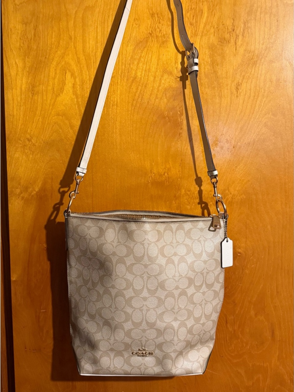 Coach Abby Duffle Beige Signature Canvas Shoulder Bag with White Strap